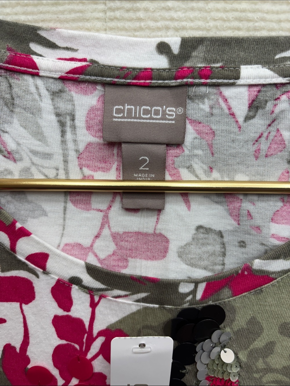 Chico's White Short Sleeve Top with Magenta Floral and Olive Leaves - Picture 3 of 6